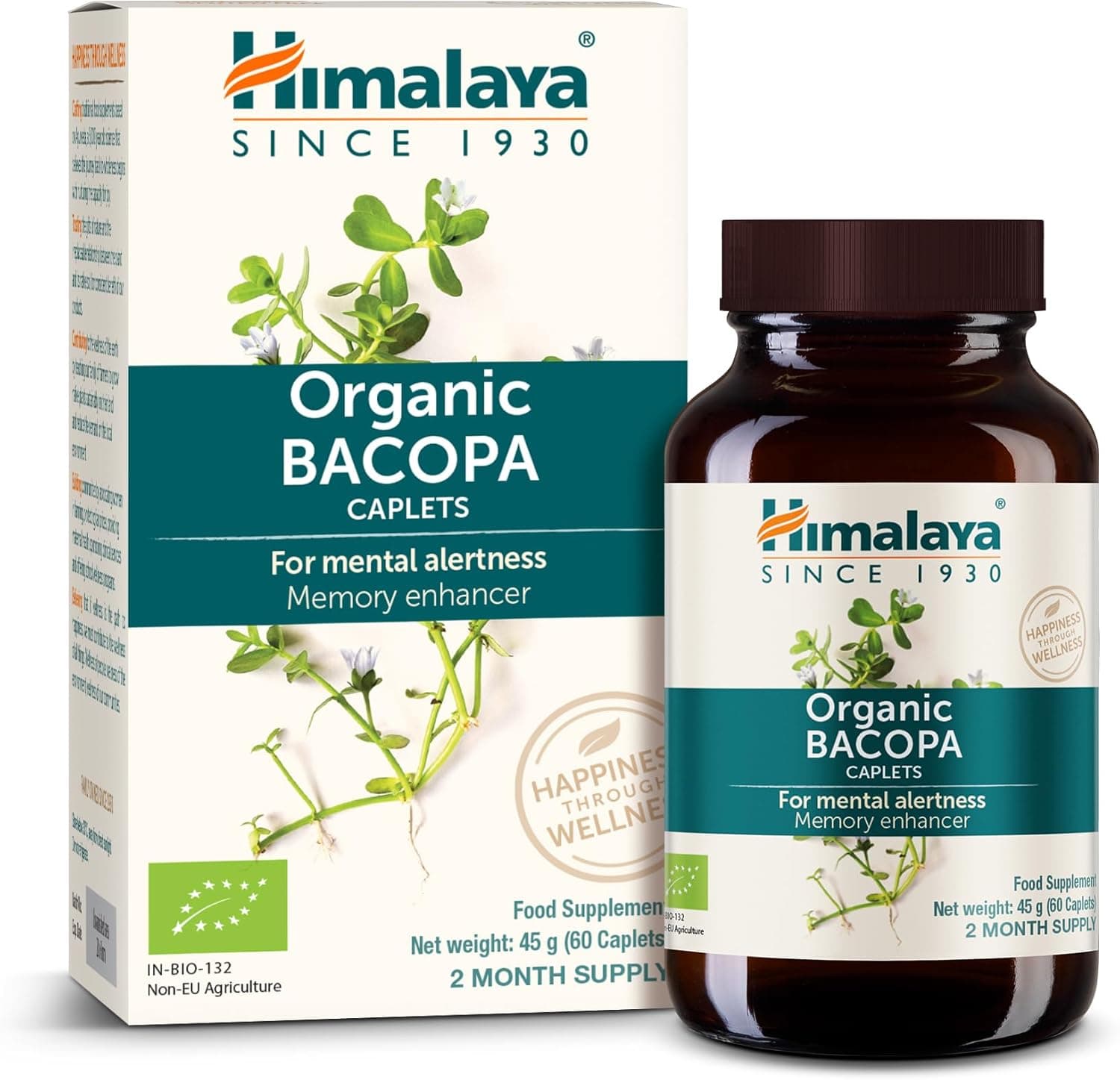 Himalaya Organic Bacopa Monnieri Suplemento herbário neotrópico, alerta mental, suporta a calma, a memória, a cognição, certificado orgânico, 750 mg, 60 cápsulas à base de plantas