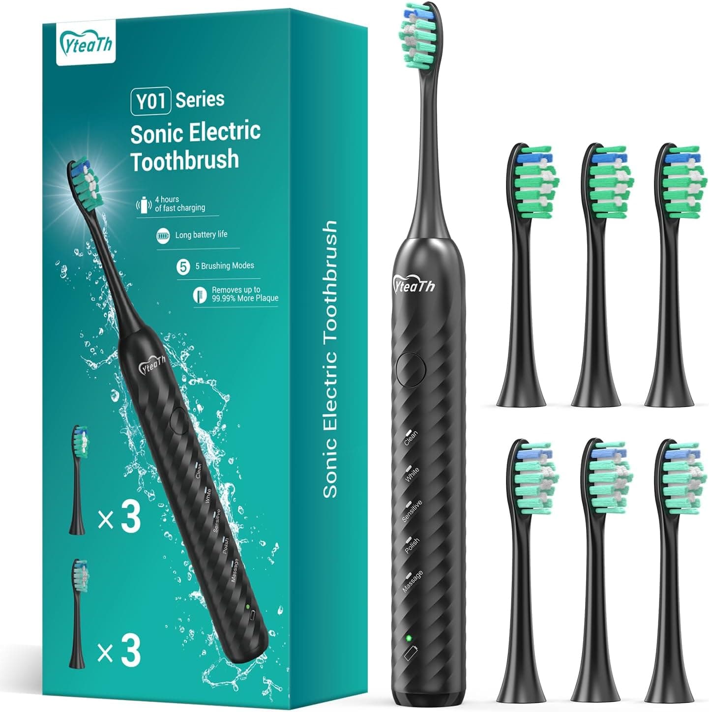 YTEATH PRO | Escova de dentes elétrica sónica recarregável para adultos com 6 cabeças e autonomia de 180 dias