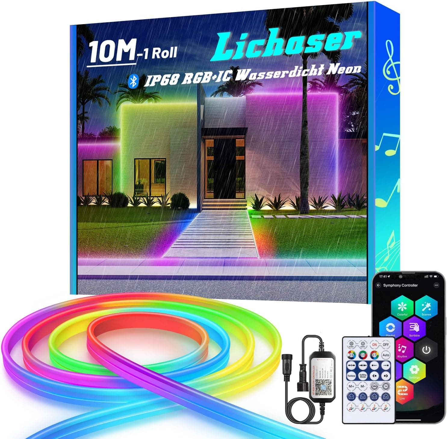 Lichaser 10 m RGB+IC fita néon LED flexível, IP68 impermeável Bluetooth luzes LED exterior com controlo remoto RF e Smart APP, 24 V DIY Silikon faixa LED Neon Flex para pavilhão, festa