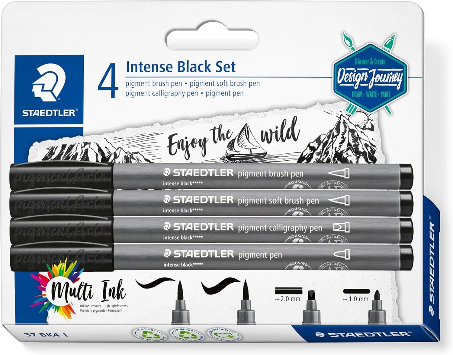 STAEDTLER Pigment Brush intenso Black Set - pigment brush, pigment soft brush, calligraphy e pigment pen, cor preta intensa, impermeável, 4 marcadores Pigment Art em blister, 37 BK4-1