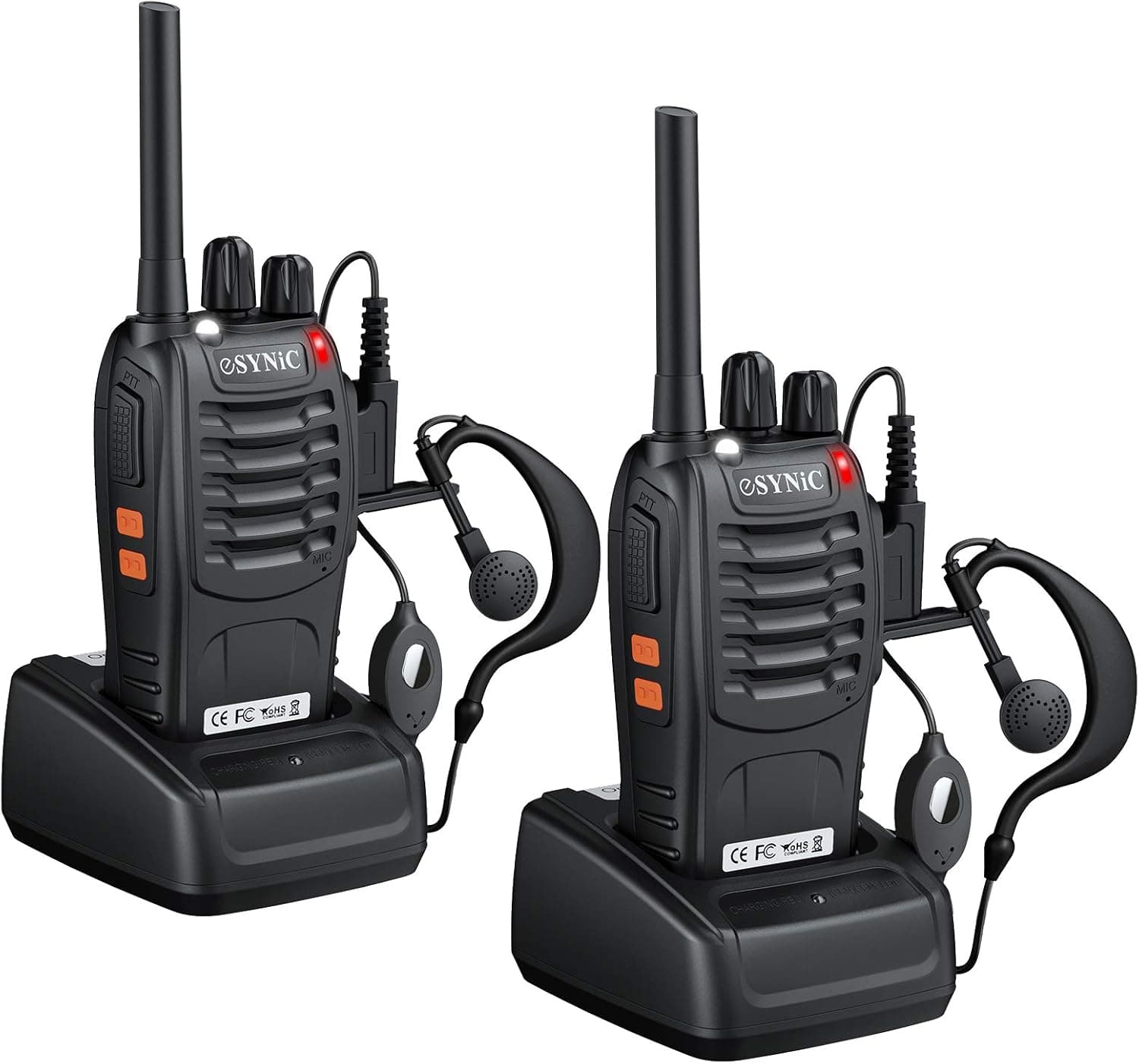 eSynic 2 peças Walkie Talkies de longa distância com auriculares Walkie-Talkie profissional de 16 canais 1500 mAh com carregador USB suporta VOX para sobreviver em campo de ciclismo