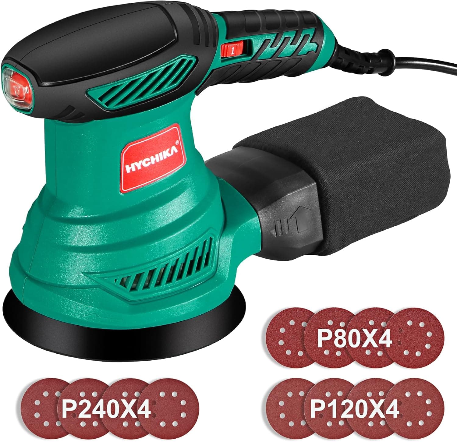 HYCHIKA Lixadeira orbital de 300 W, lixadeira rotorbital com motor de cobre puro, 6 velocidades, 13000 RPM, 12 peças lixa de 125 mm (240/120/80 grão), com bolso lavável de recolha