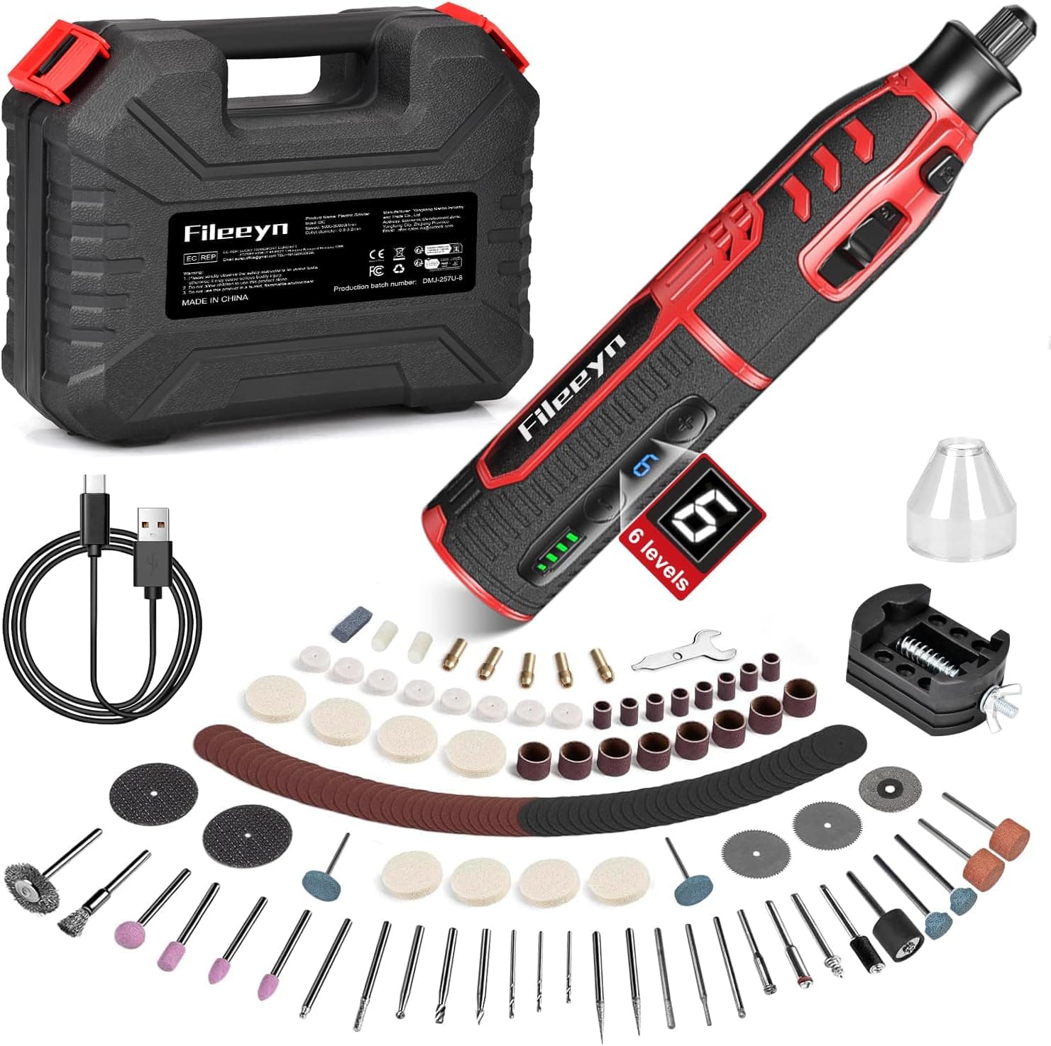 Fileeyn Mini moedor elétrico, ferramenta multiferramenta rotativa com 6 velocidades variável de 5000 - 3000 rpm, 257 acessórios para corte, esmerilar, gravar, perfurar