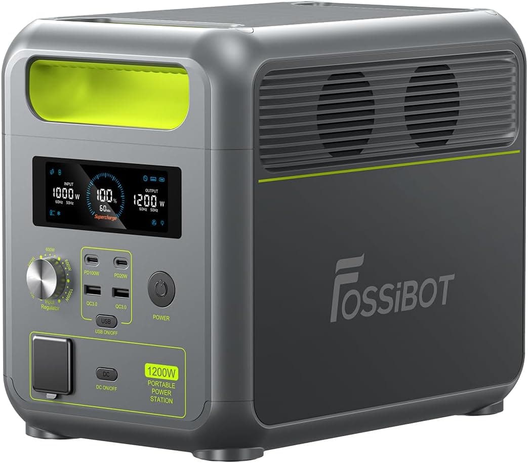 FOSSiBOT Estação de energia portátil F1200, 1024 Wh LiFePO4, com 2 saídas CA de 1200 W (Power Lifting 2400 W), 100 W Typ-C, carregamento rápido de 49 min.de 0-80 %, gerador solar para casa/caravanas