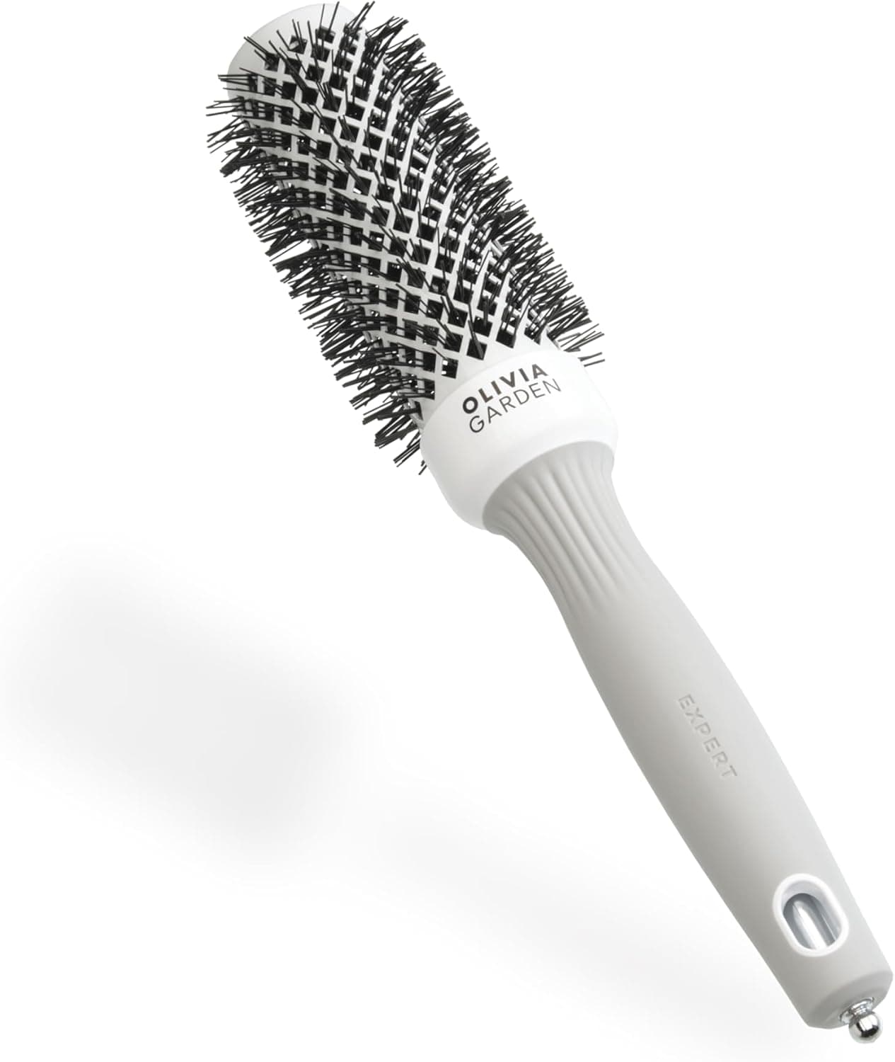 Olivia Garden Expert Blowout Shine - branco e cinzento - 35 - Escova redonda de cerâmica antiestática para uma secagem brilhante e sem encrespamento