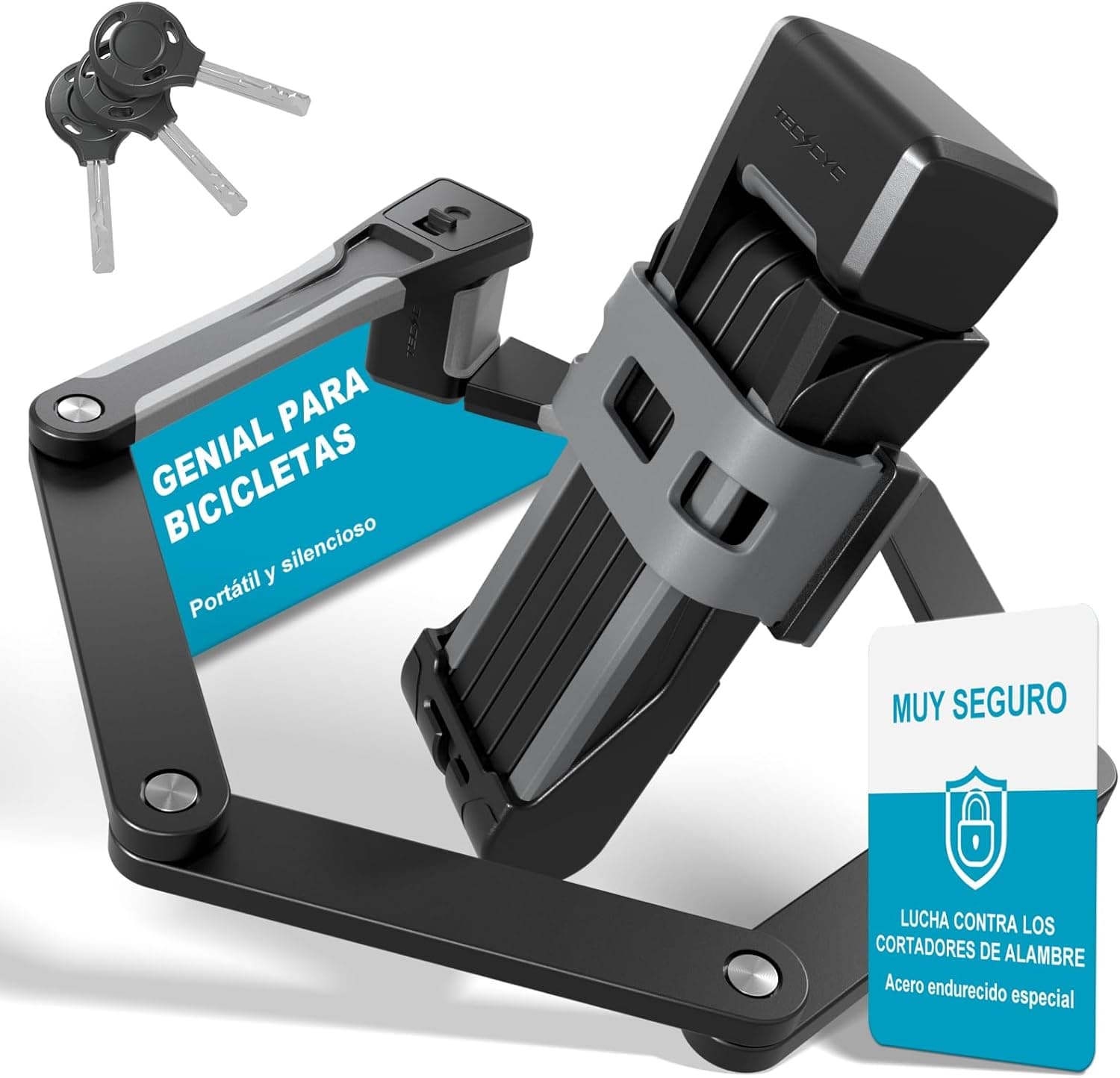 TECHCYC | Cadeado dobrável de aço com suporte e 3 chaves para bicicleta, mota e trotinete, 86 cm