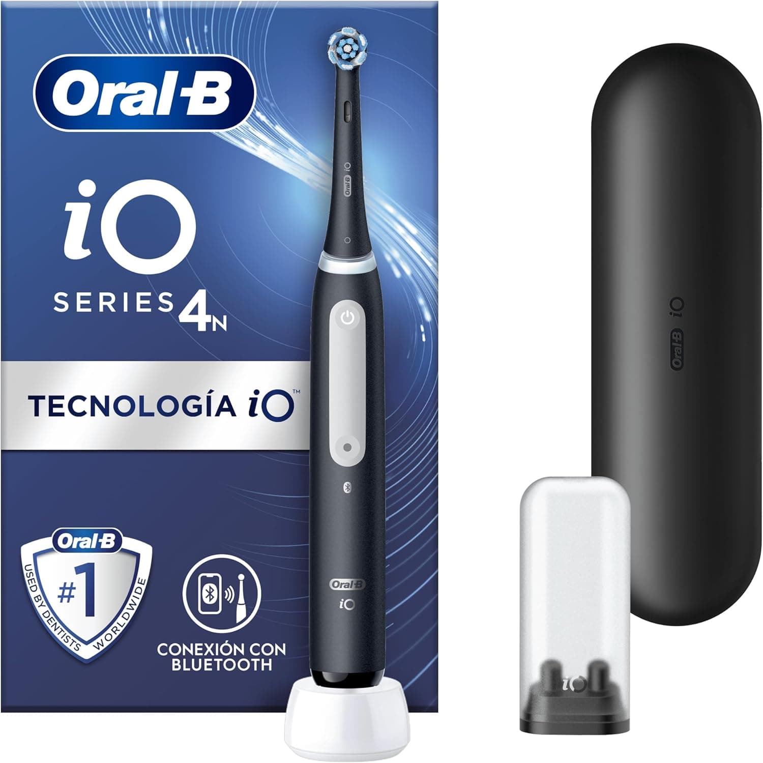 Oral-B iO 4N Escova de dentes elétrica com cabo recarregável, 1 cabeça e estojo de viagem, desenhado por Braun - preto
