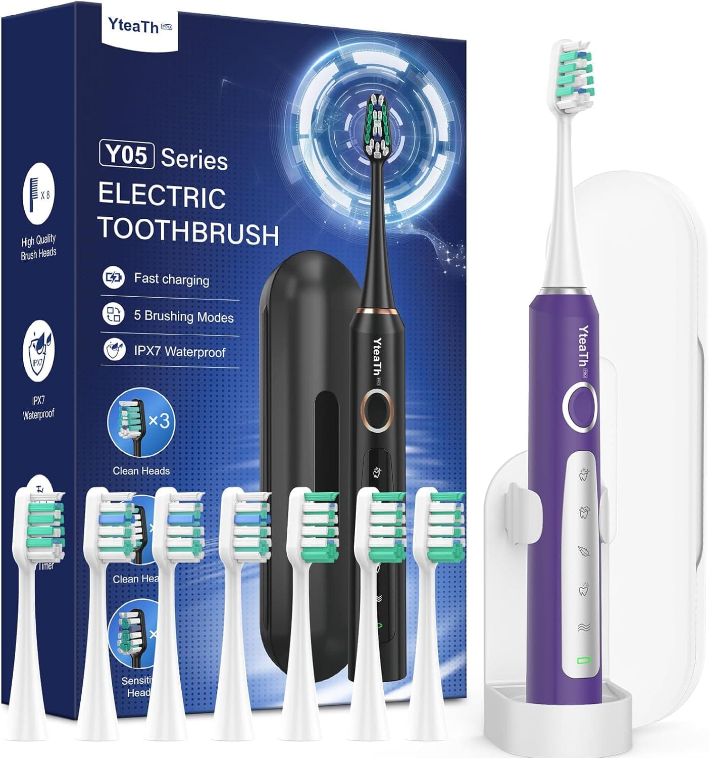 Escova de dentes elétrica sónica para mulher - escova elétrica sónica para adultos com 8 cabeças e estojo de viagem, 5 modos, IPX7 impermeável, escova de dentes elétrica viagem recarregável, roxo