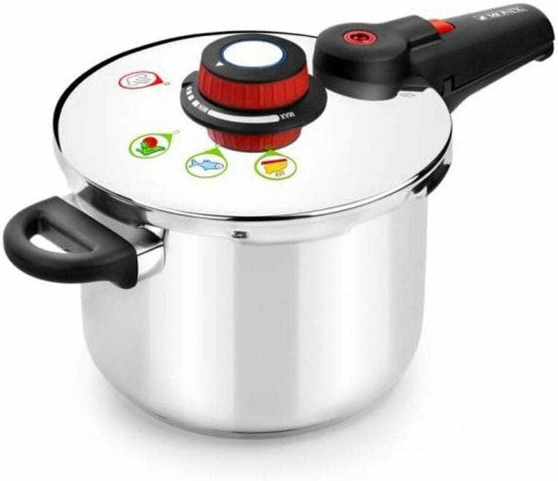 MONIX Selecta panela de pressão rápida de 6 litros com sistema de seleção de alimentos e fecho automático, aço inoxidável 18/10, cinzento, 22 cm
