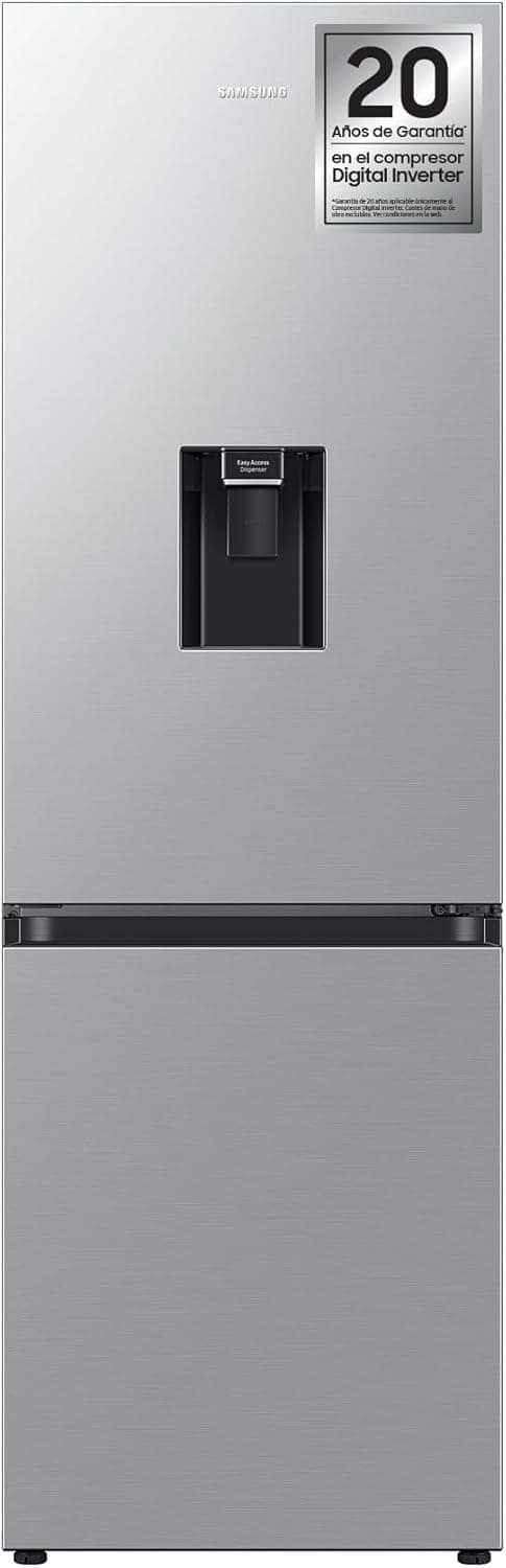 Samsung Frigorífico Combi IA 185,5 cm, garrafa de sala, dispensador de água 341L classe D prata RB34C632DSA/EF
