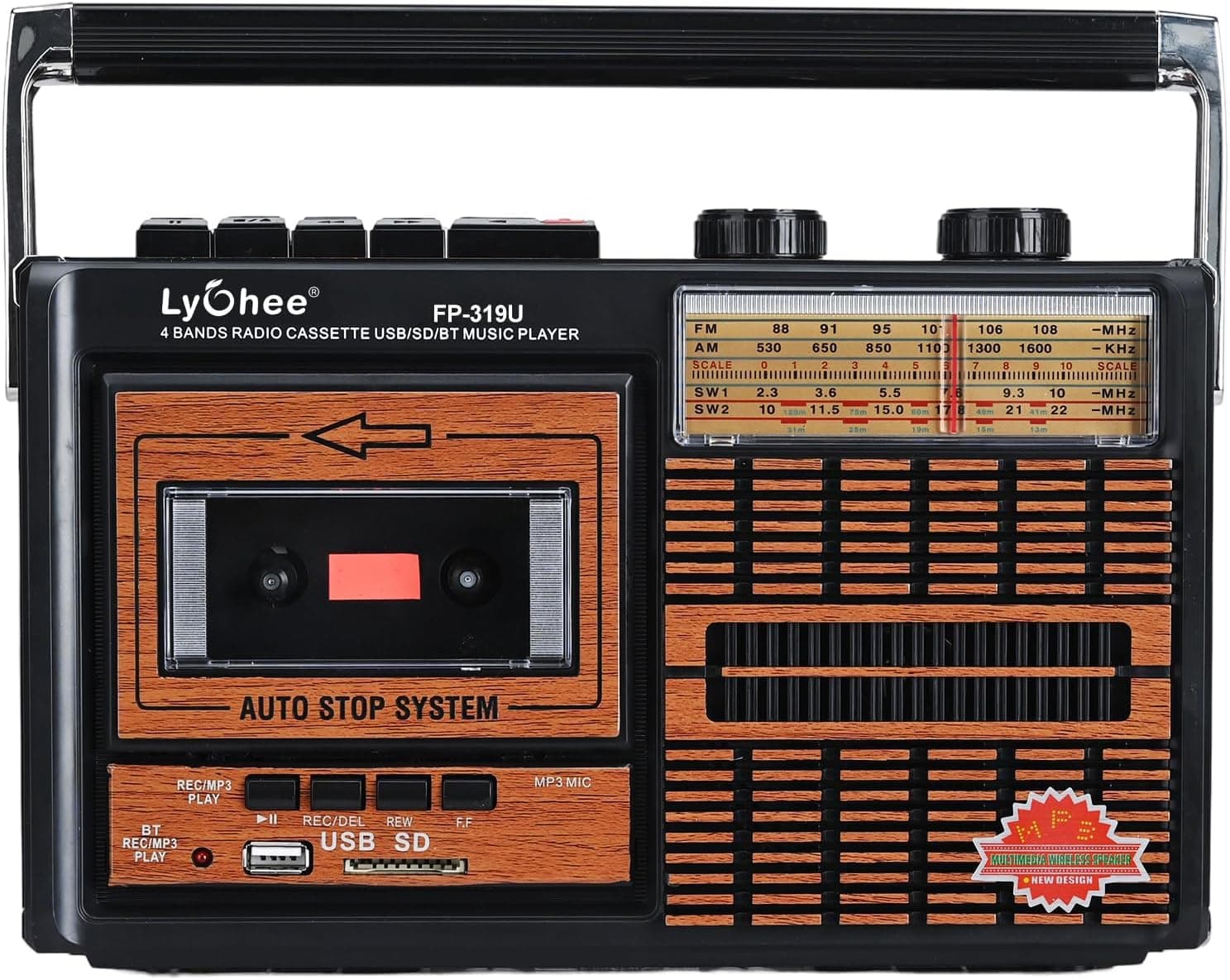 Lychee Boombox Leitor e gravador de fitas de cassete retro portátil com rádio AM/FM/SW1-2 quatro bandas, altifalante integrado, jack de 3,5 mm para auriculares, suporta entrada SD/USB (castanho F319U)