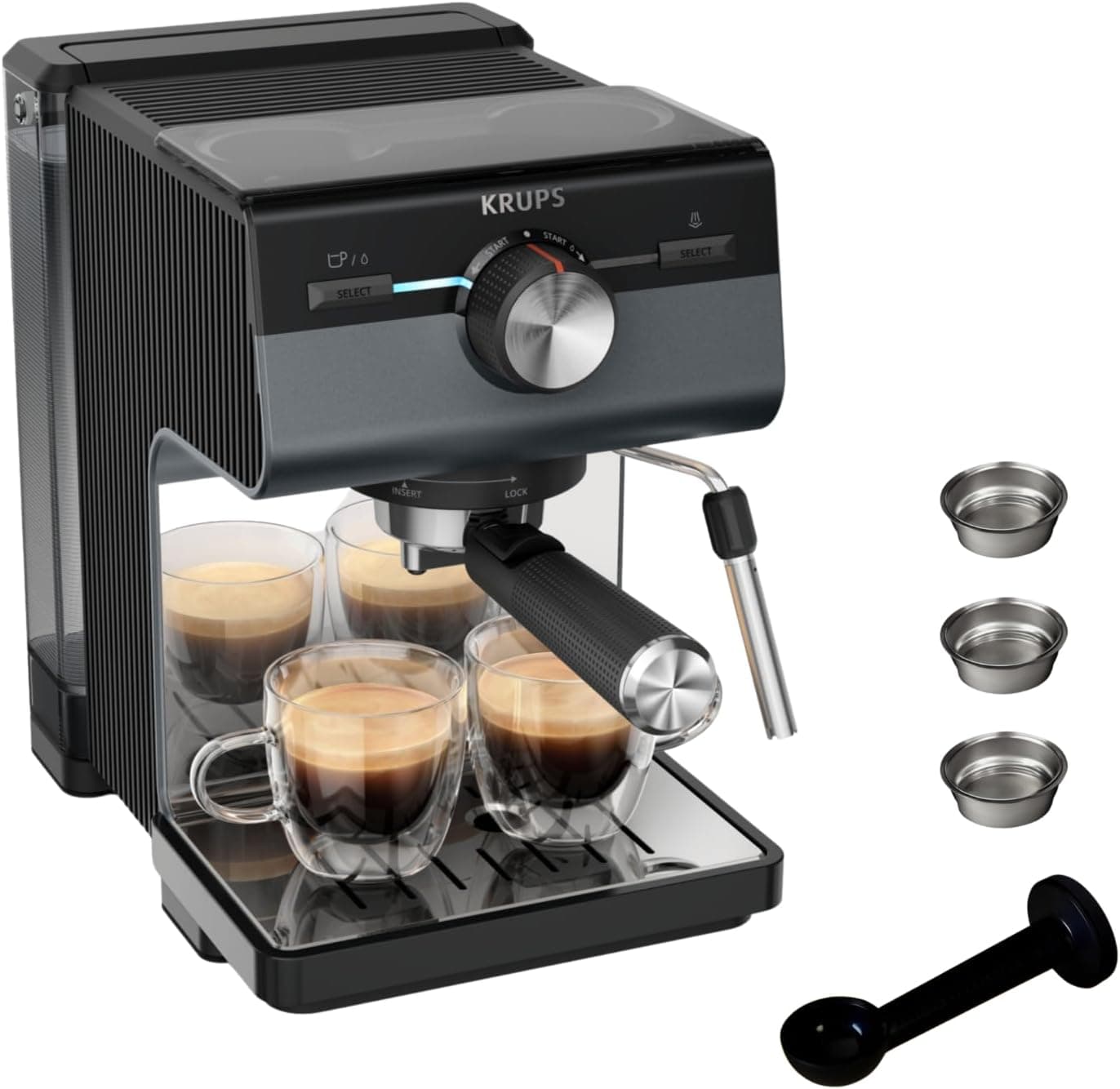 Krups Cafeteira expresso manual, automático, 15 barras de pressão, espumador de leite, ajuste manual, colher medidor e compactador, depósito de 2 l de capacidade, preto, XP384G