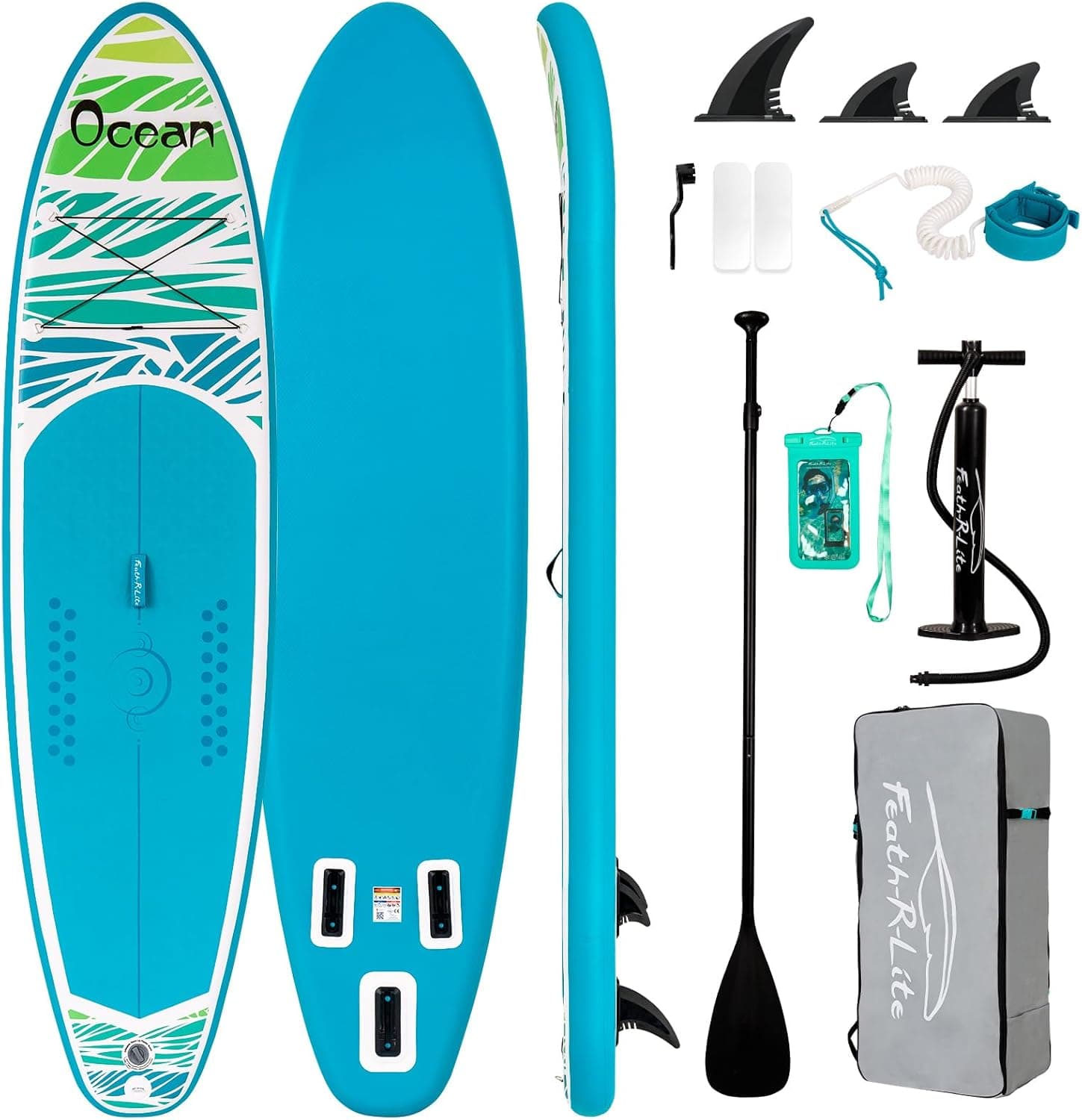 FunWater Placa de surf insuflável de pé para surf, prancha de surf, acessório de remo ajustável, bomba, mochila de viagem, correia de segurança, capa impermeável para telemóvel