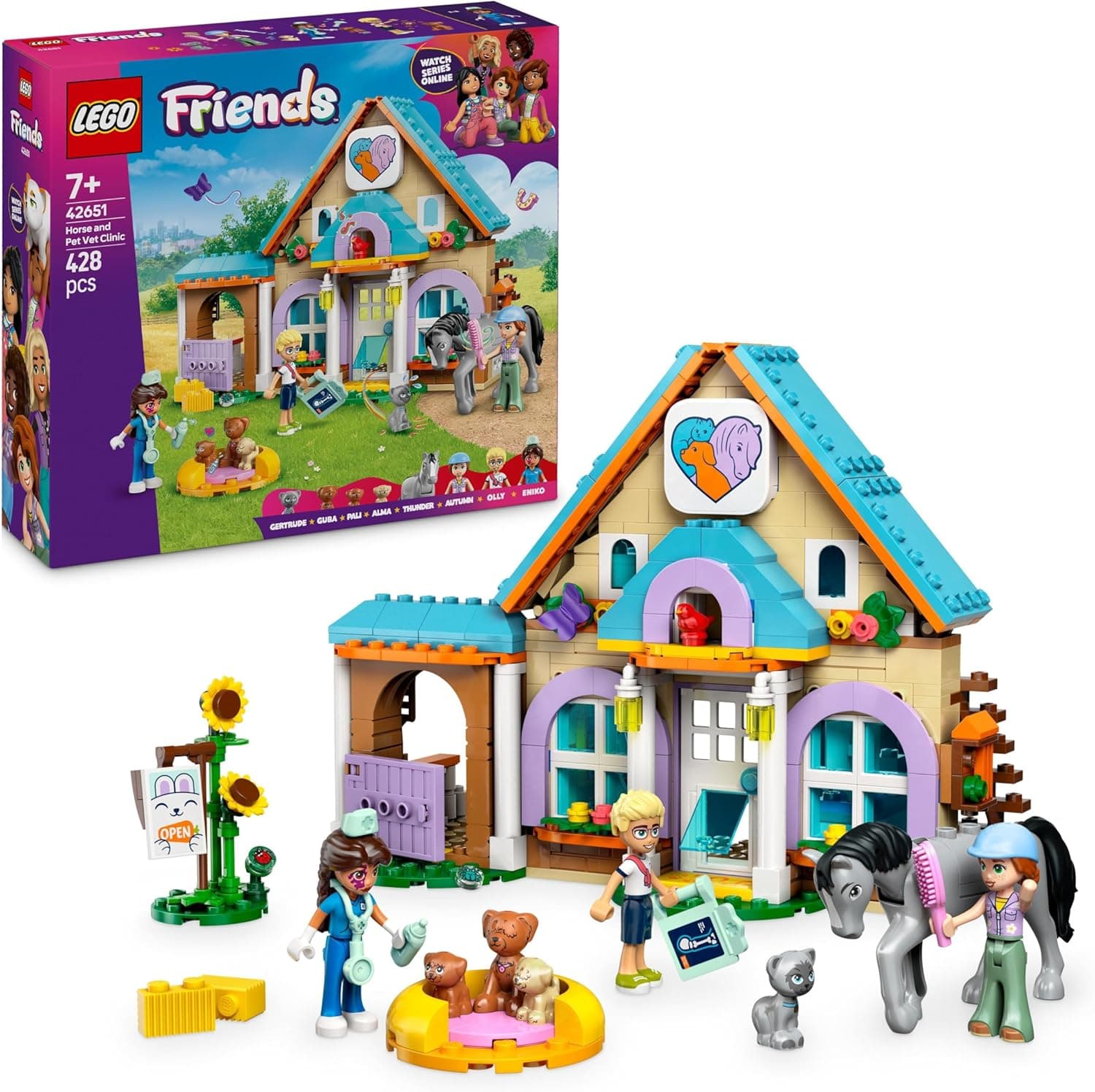 LEGO Friends Cavalo e clínica veterinária de animais de estimação com animais de brincar (cavalo, gata, cães), presente para meninas de 7 anos ou mais, 3 mini bonecas Autumn, Olly e Eniko