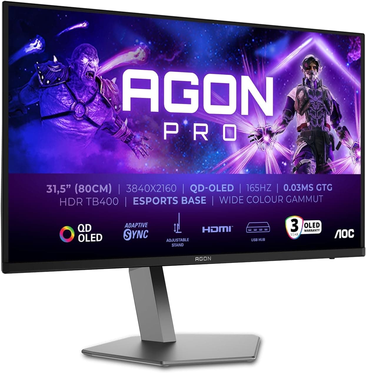 AOC Agon Pro 326UD - Monitor Gaming OLED UHD de 32 Pulgadas, 165 Hz, 0,03 ms, HDR400, FreeSync Prem. Pro, compilación G-Sync. (3840x2160, 2X HDMI 2.1, 1x DP 1.4, concentrador USB) Negro Gris QD-OLED HDR400 32 Pulgadas QHD 165 Hz