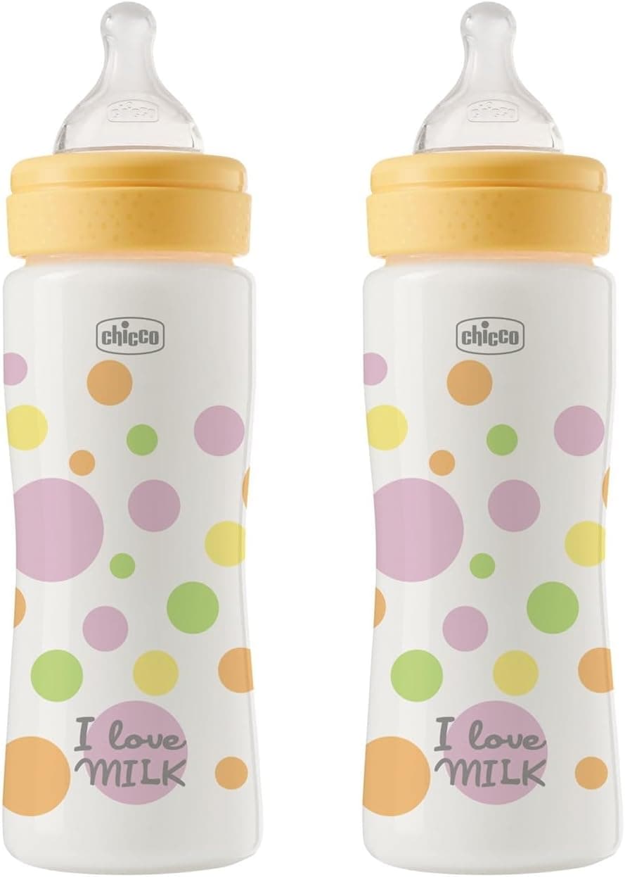 Chicco Conjunto de 2 biberões Perfect Easy Fast Flow, babete anticólico, reduz a regulação e a ritabilidade, biberão de plástico de 330 ml, conjunto de presente, pack poupança, 4 meses +, bebé menina