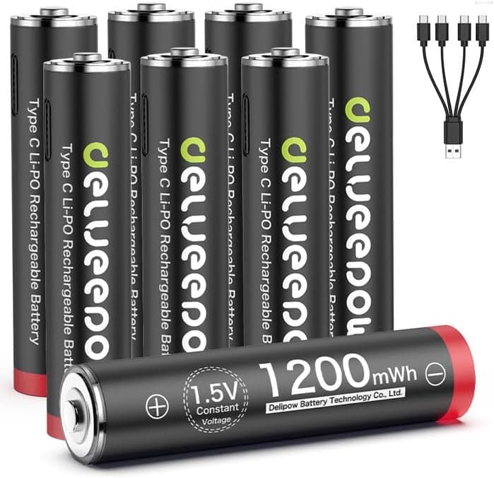 Delyeepow Pilhas recarregáveis USB-C AAA de lítio, 1,5 V, 1200 mWh, USB, pilhas AAA recarregáveis com cabo de carregamento USB-C 2 em 1, 1 hora de carregamento rápido, 1500 ciclos, 8 unidades