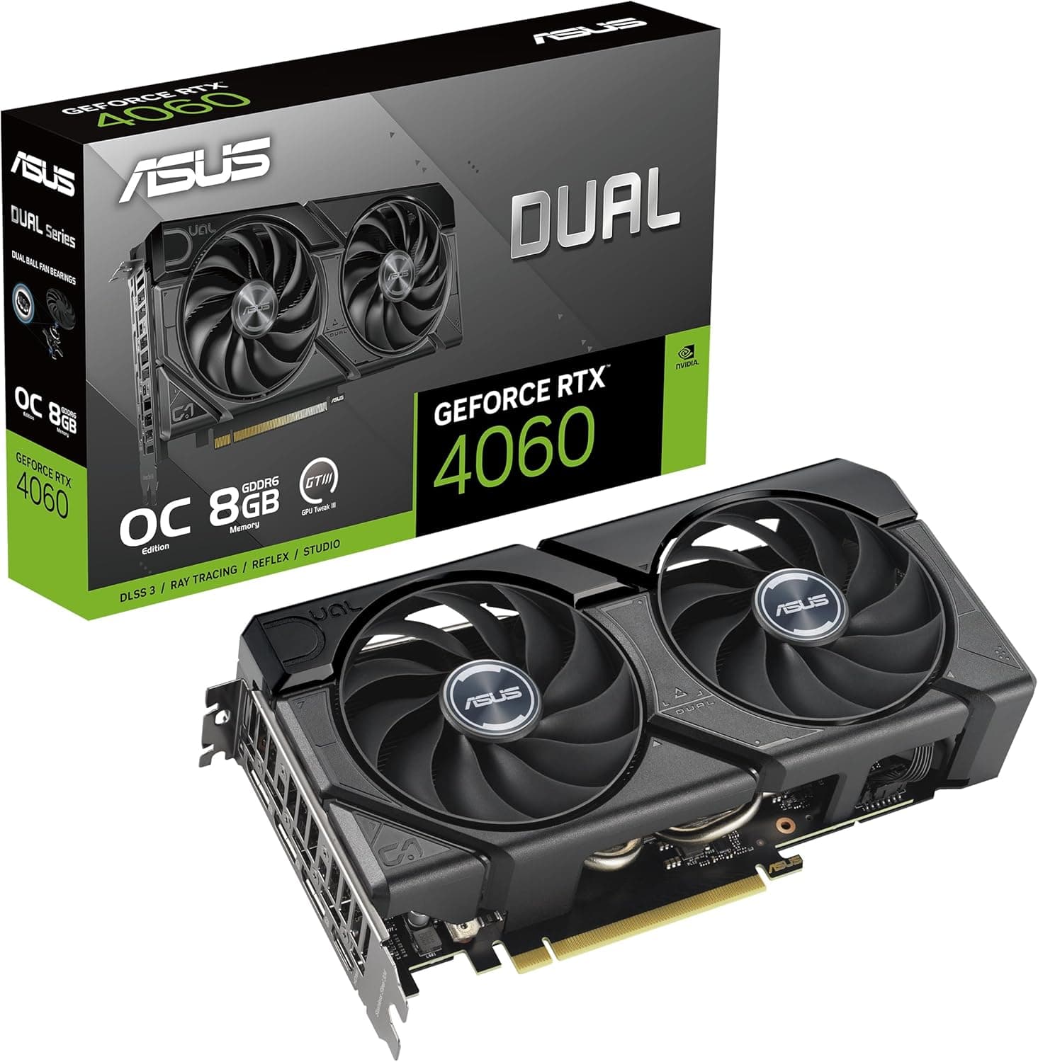 ASUS Dual GeForce RTX 4060 EVO OC Edition 8 GB GDDR6 (PCIe 4.0, 8 GB GDDR6, DLSS 3, HDMI 2.1a, DisplayPort 1.4a, design de ventilador Axial-Tech, tecnologia 0dB, BIOS duplo, tecnologia Auto-Extreme)