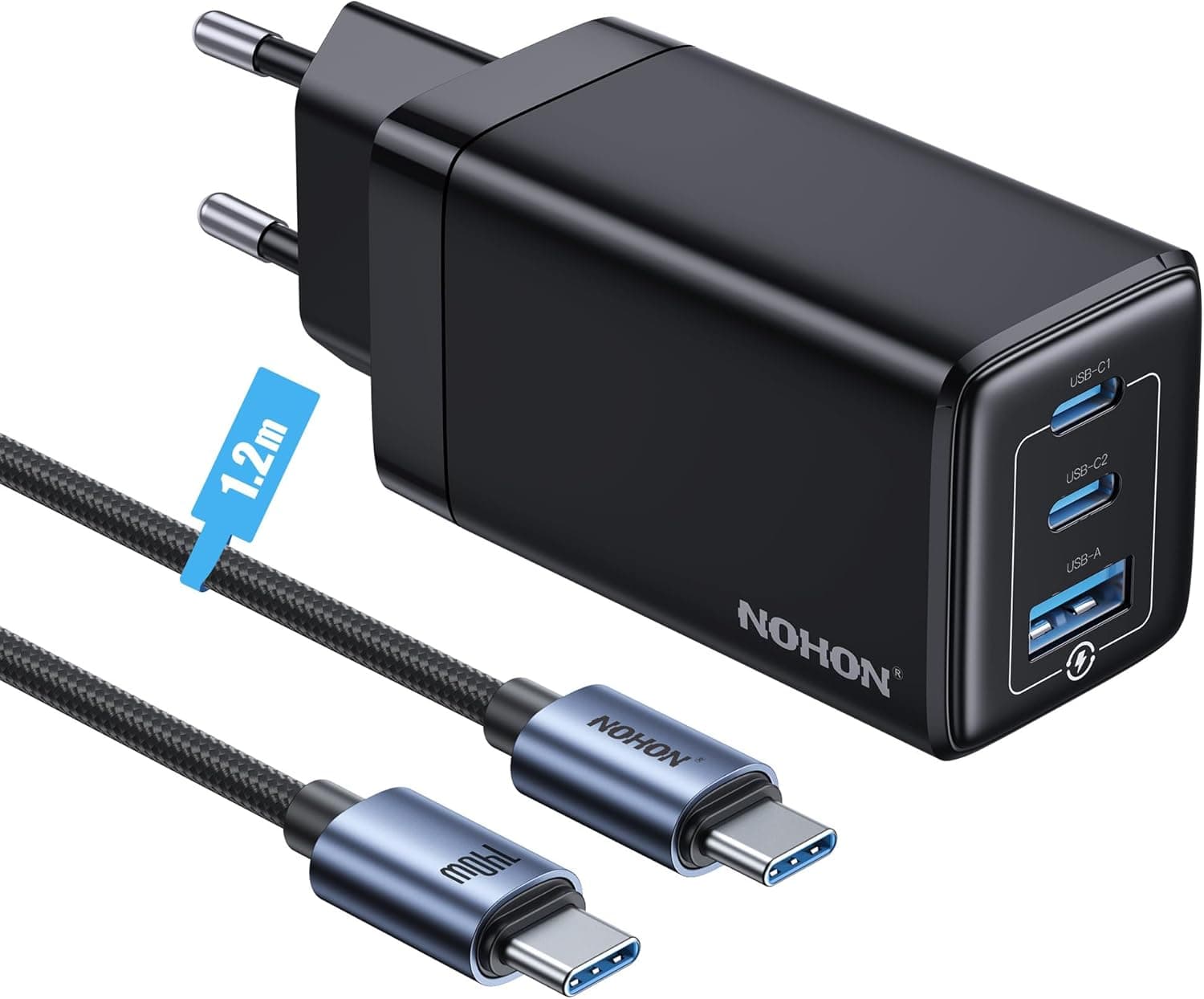 NOHON Carregador USB-C carregamento rápido: 65 W GAN 3 portas PD3.0 carregador | tomada USB C com 140 W tipo C cabo 1,2 m | compatível com MacBook Pro Air Airpods iPad 15 14 13 12 11 Samsung Galaxy