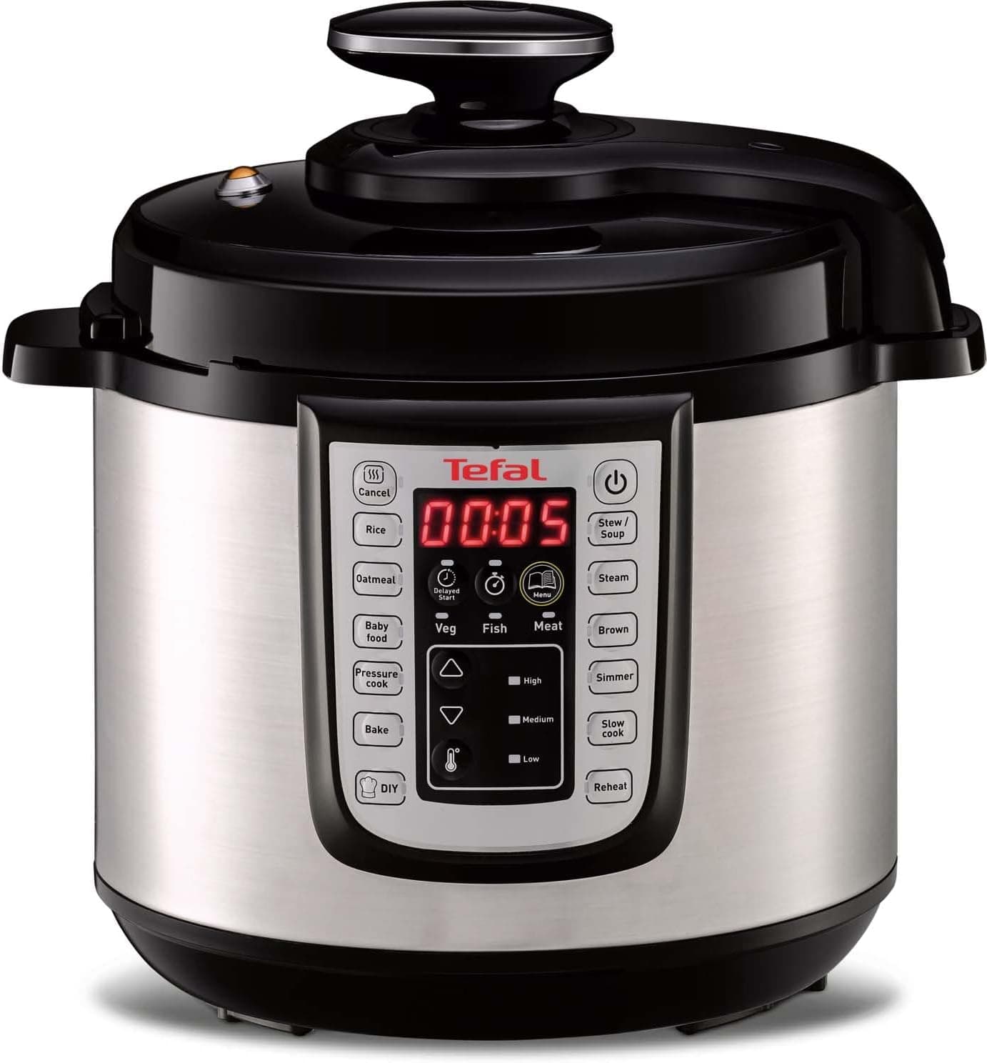Tefal Fast&Delicious CY505E10 - panela de aço inoxidável com 25 programas de cozedura a pressão rápida, tecnologia de pressão segura, 6 L, 6 pessoas, ecrã de controlo em inglês, cor preta
