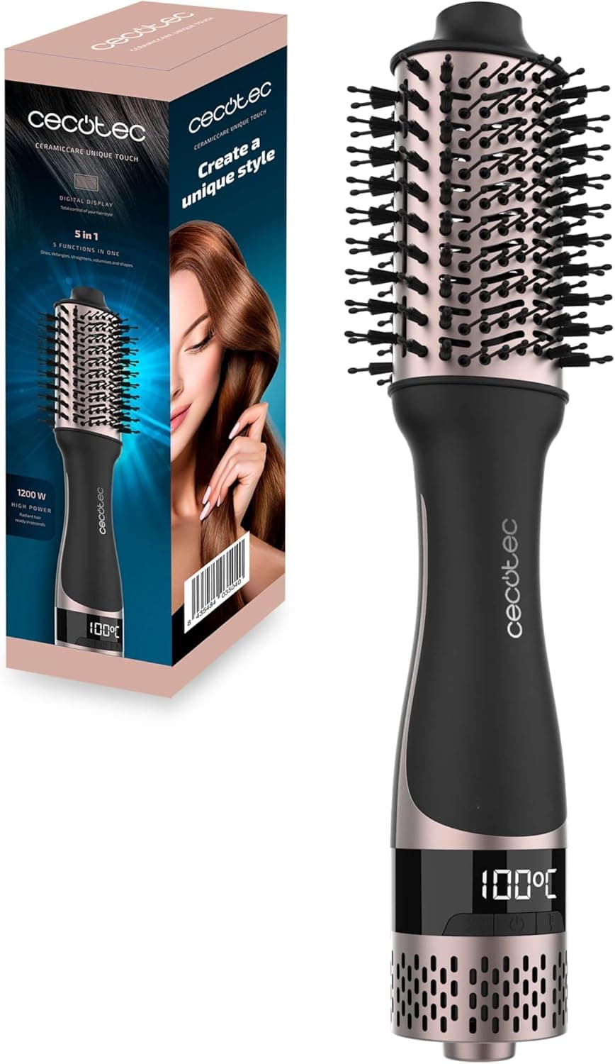 Cecotec Escova de ar com ecrã CeramicCare Unique Touch. 1200 W, Seca, desembaraçado, suave, volume e moldagem, 4 temperaturas, elimina o encolhimento, cabeça de cerâmica