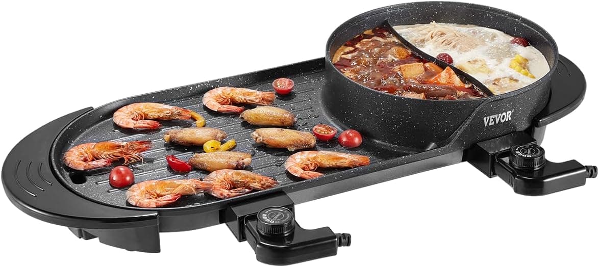 VEVOR Panela quente com grelha sem fumo 2 em 1, de 2200 W, com controlo de temperatura duplo independente, frigideira anti-aderente, para jantares em família de 1 a 6 pessoas, 680 x 283 x 164 mm