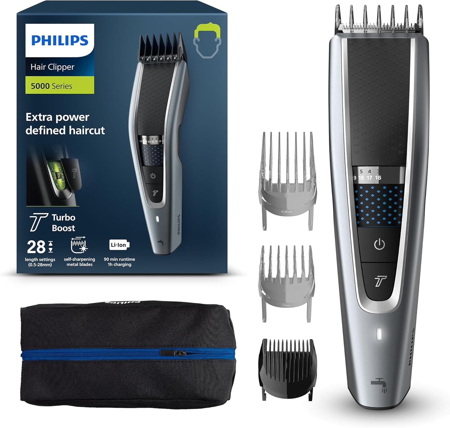 Philips Series 5000 HC5630/15 aparador de cabelo 28 posições (0,5–28 mm), 90 min sem fios, totalmente lavável 
