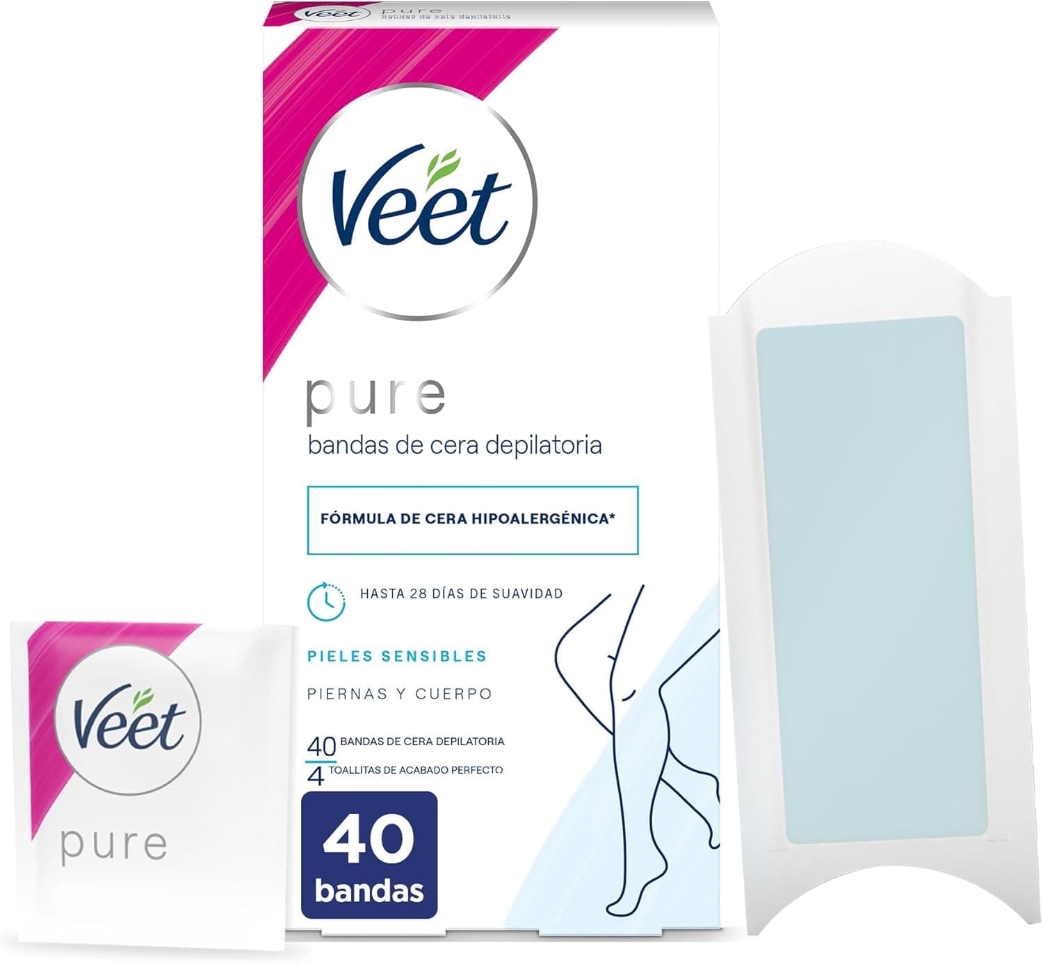 Veet | Bandas de cera para depilação corpo e rosto, 40 unidades