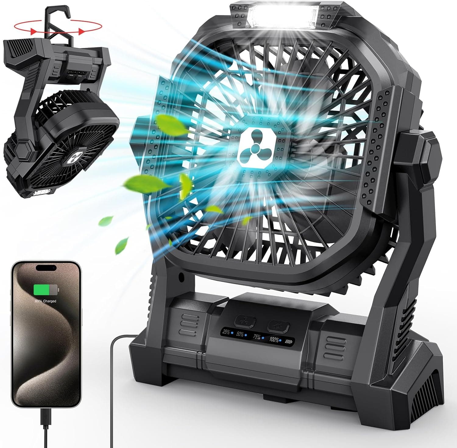 PDBEST | Ventilador portátil recarregável 20000 mAh com lanterna LED e ligação USB Type-C, ideal para campismo e viagens