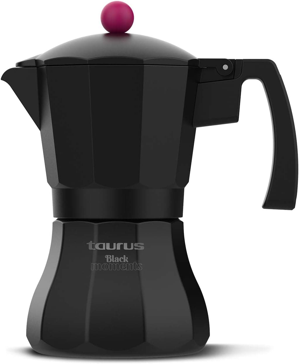 Taurus Black Moments 12 - Cafeteira italiana, 12 chávenas, base e filtro de aço inoxidável, cabo ergonómico, válvula de segurança, fecho de silicone para maior segurança, para todos os fogos, preto 