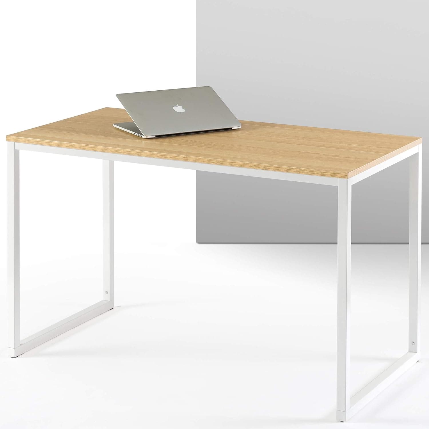 Zinus Jennifer Mesa de secretária 119 x 61 x 74 cm - mesa de estudo moderna em metal e madeira - mesa de computador para escritório em casa - castanho claro e branco