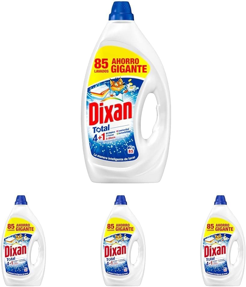 Dixan Gel total 4 + 1, detergente líquido para máquina de lavar 85 lavagens, sabão líquido para lavar roupa branca e clara. Limpeza, luminosidade, frescura e sustentabilidade