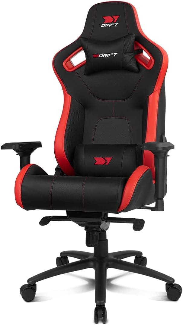DRIFT GAMING DR600 - Cadeira Gaming profissional, couro sintético, apoio de braços 4D, pistão classe 4, mecanismo Frog, inclinação, giro, bloqueio, almofada lombar e cervical, cor preto/vermelho