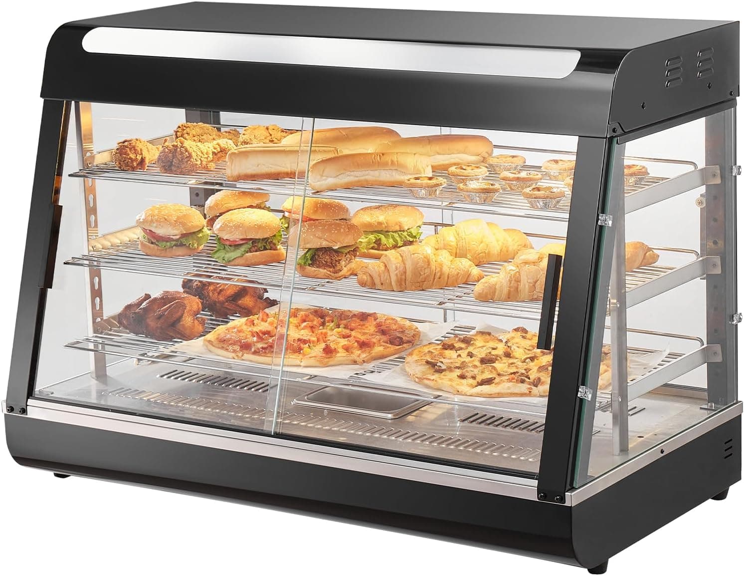 VEVOR Aquecedor de alimentos comercial de 3 níveis de 1500 W com luz, prateleira ajustável e ecrã temperatura, aquecimento a vapor 30 ~ 85 °C, 130 l para pizzas, pão, frango frito, 907 x 470 x 640 mm
