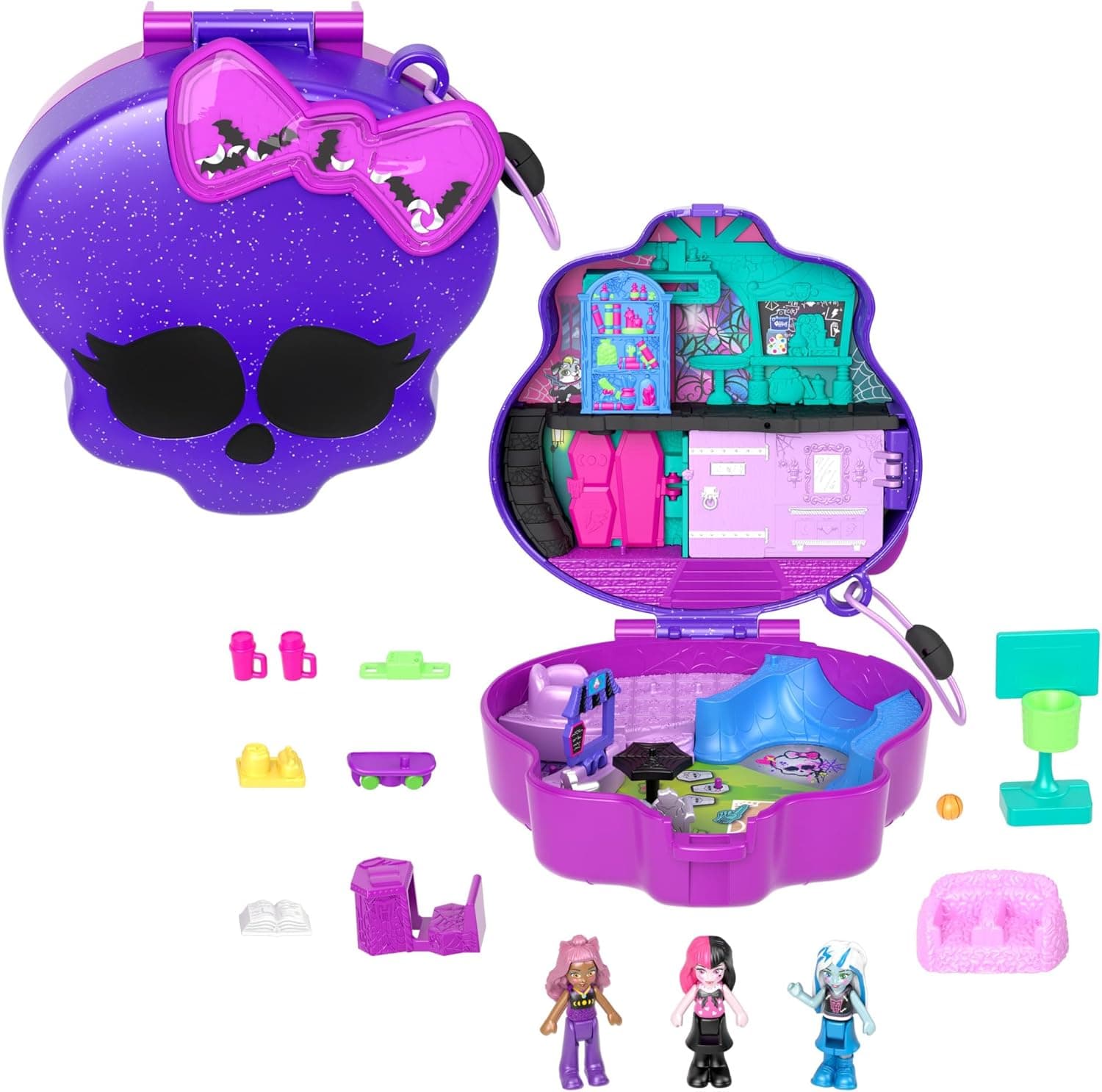 Polly Pocket Estojo Monster High Set de conjunto com 3 bonecas e acessórios, torna-se um instituto, brinquedo + 4 anos (Mattel HVV58)