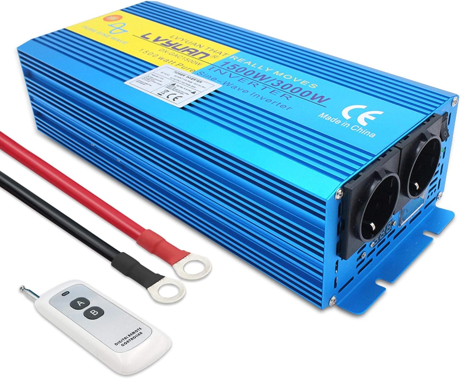 Cantonape 1500 w/3000 W Inversor de corrente de onda sem padrão Pura, transformador de 12 V a 230 V, inversor com comando à distância e 2 Tomada UE e LCD+LED para carro cavã barco campismo