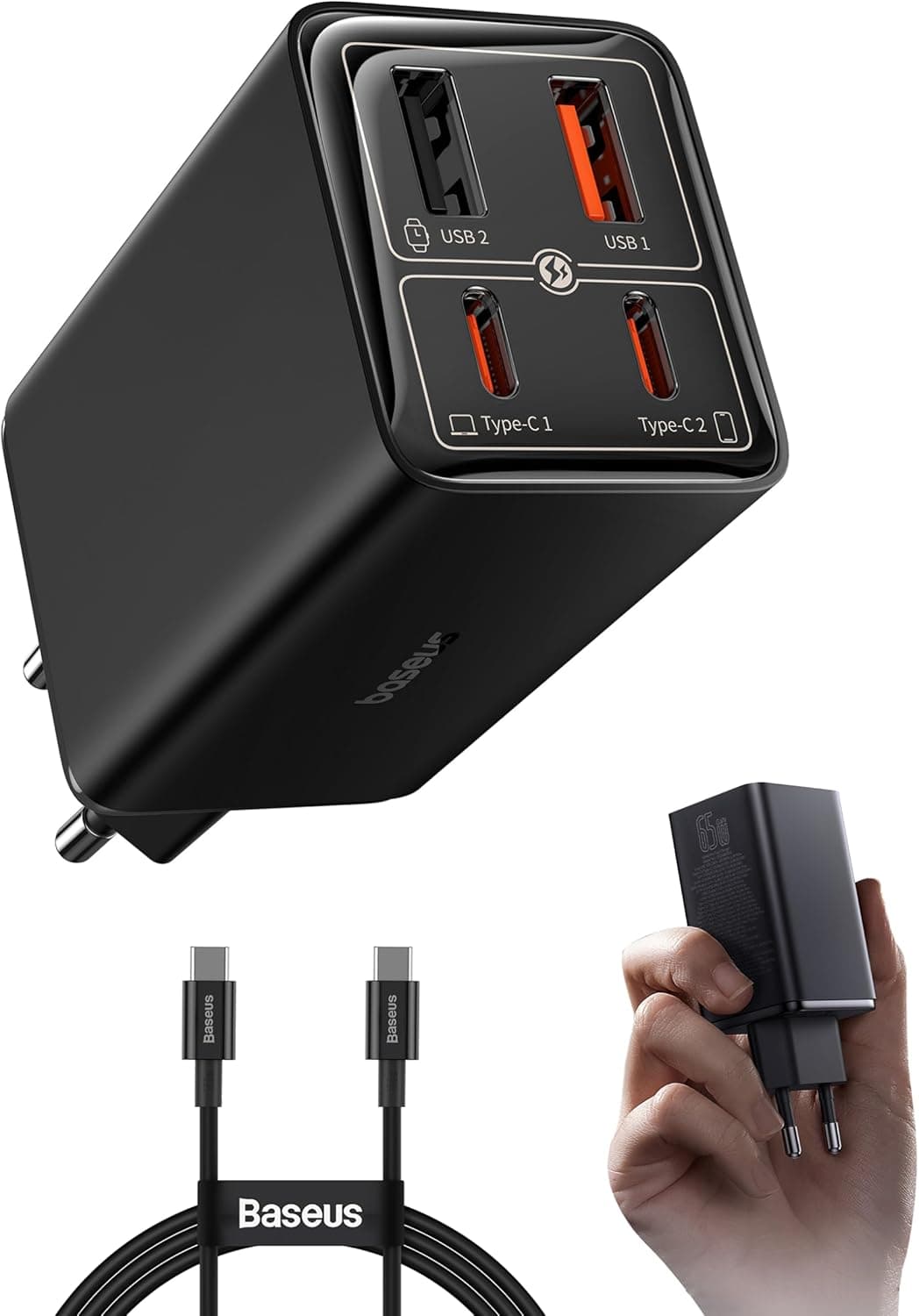 Baseus Carregador USB C, 65 W, GaN 6, fonte de alimentação, carregador rápido múltiplo para MacBook Pro, iPad Pro, Steam Deck, Dell XPS 13, iPhone/Galaxy, pixel, tablets, tomada para telemóvel