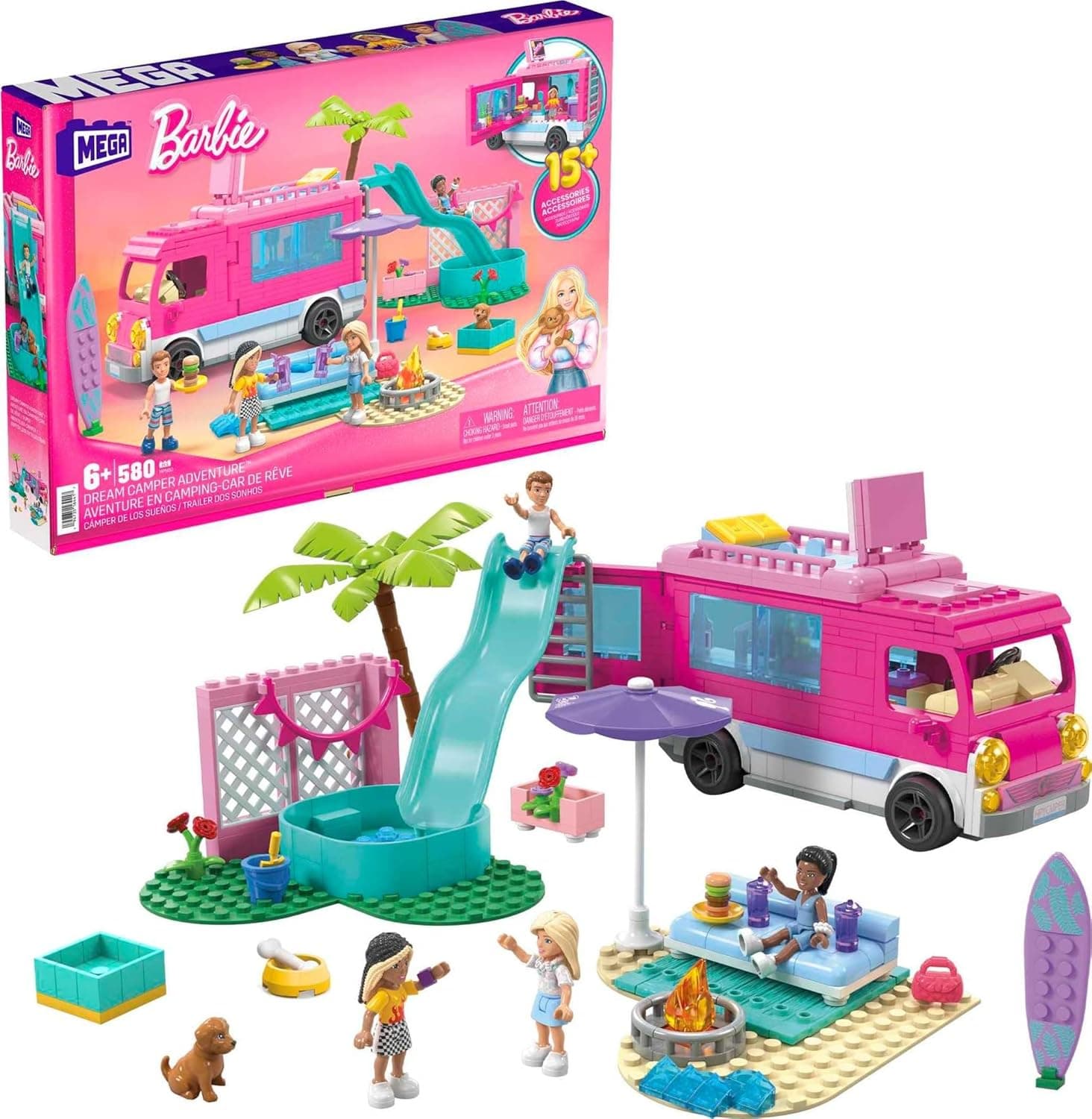 Mega Construx Barbie aventuras na autocaravana com blocos de construção, mini bonecas e acessórios, brinquedo + 5 anos (Mattel HPN80)