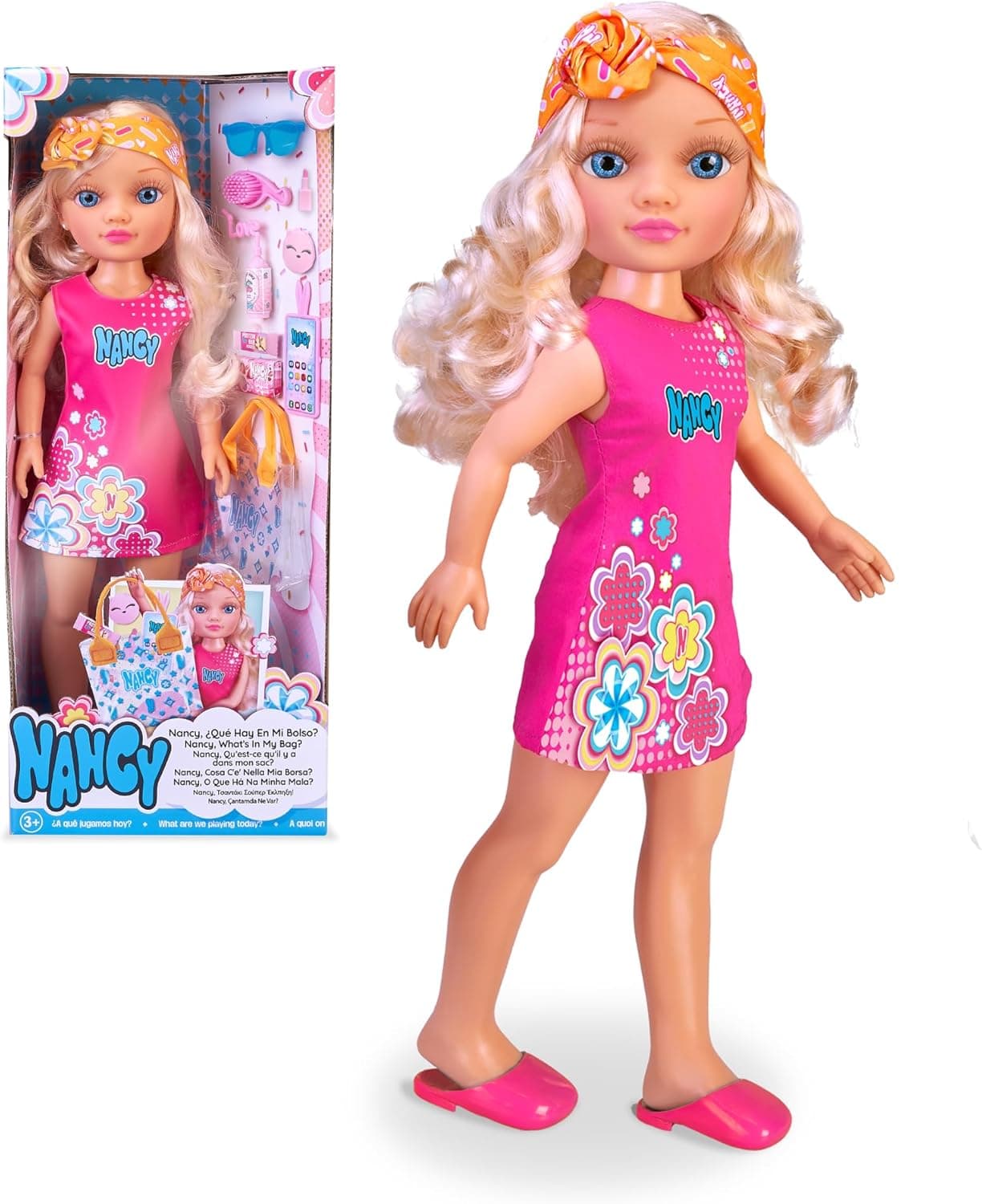 Nancy - O que há na minha mala, boneca com melena comprida loira, aparência de verão, bandana, Totebag transparente e sete acessórios, desde 3 anos, famosa (NAC68000)