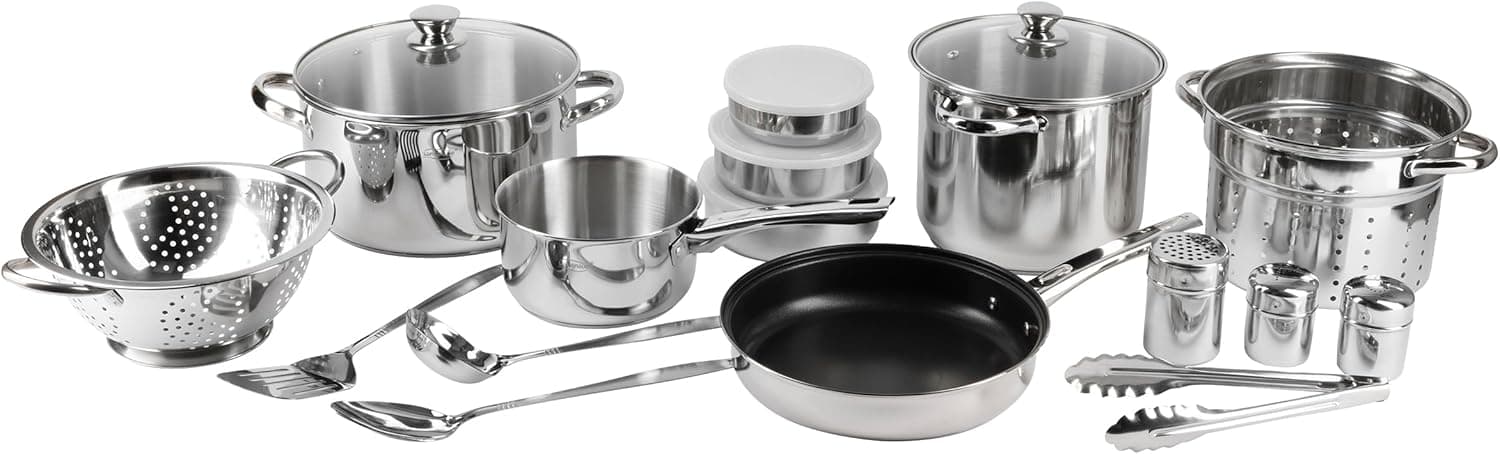 SAN IGNACIO Lula Bateria de cozinha de 18 peças, inclui acessórios, frigideiras e panelas de cozinha, fabricado em aço inoxidável, compatível com cozinhas de indução
