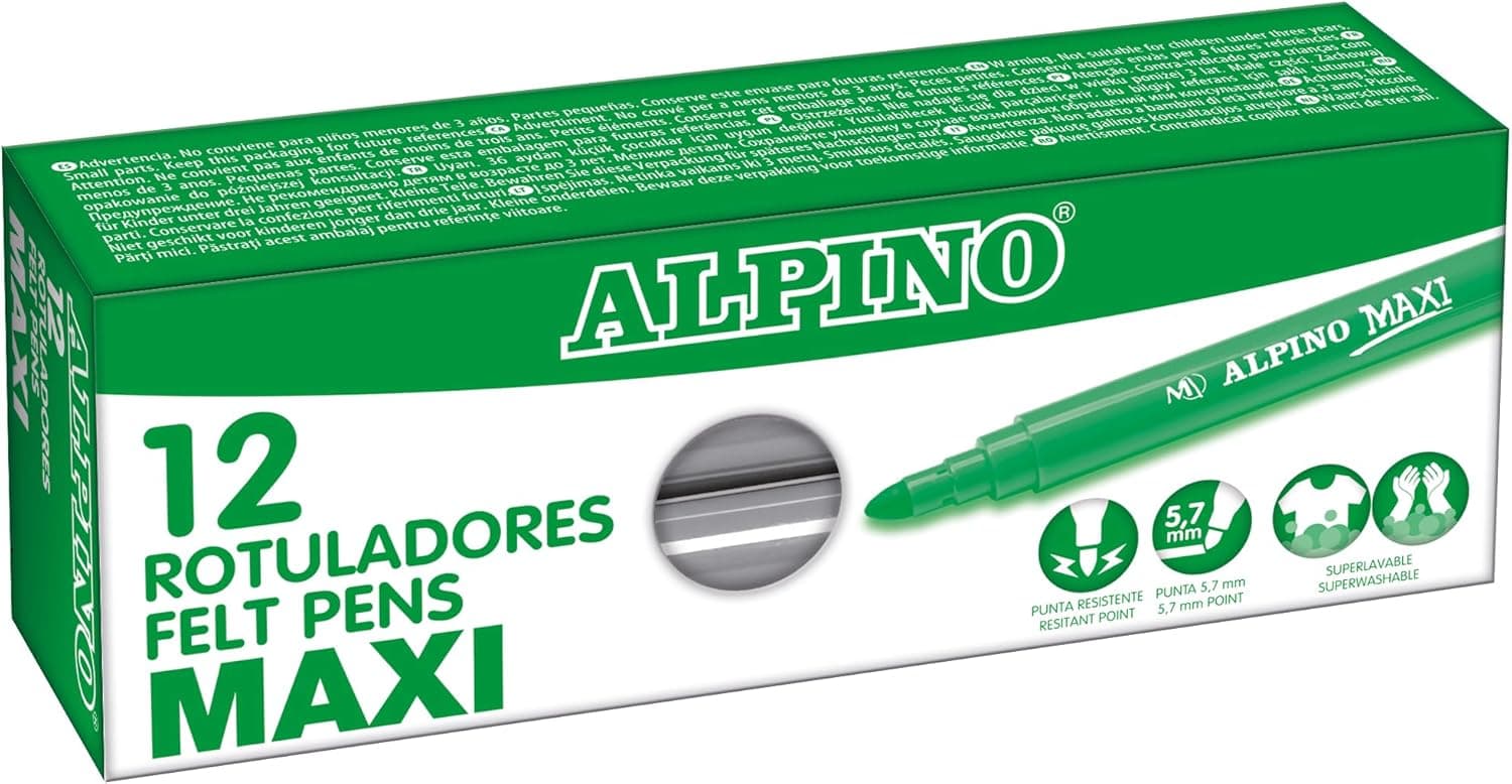 Alpino - Estojo 12 marcadores Maxi cinzento | Marcadores super laváveis para crianças, marcadores super brilhantes escolas, marcadores de ponta grossa de 5,7 mm, longa duração e resistência