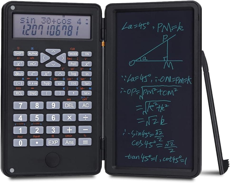 Calculadora científica de 240 funções, quadro de escrita de 6", lápis eletrónico incluído, tampa protetora, botão de controlo, bateria 1 x CR2025, cor preta