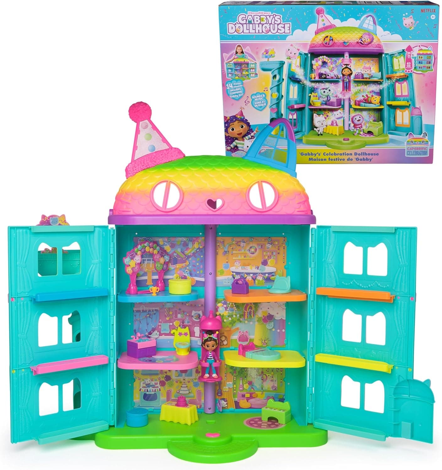 A casa de bonecas de GABBY - casa de bonecas festiva GABBY'S DOLLHOUSE com som, figura, 10 acessórios de arco e 2 caixas surpresa - 6071380 - Jogos infantis - brinquedos crianças 3 Anos +