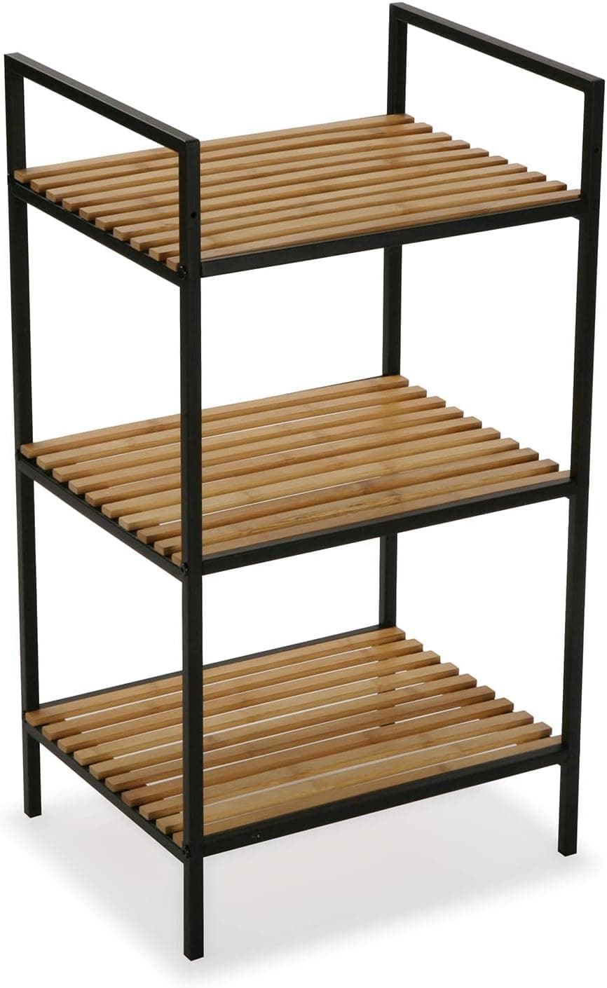 Versa Willow Armário de casa de banho auxiliar, prateleiras para organização de 3 prateleiras, medidas (L x L x An) 70 x 32,5 x 39 cm, bambu e metal, cor preta