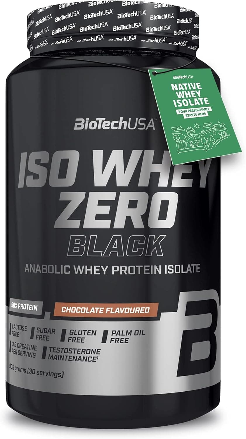 BioTechUSA Iso Whey Zero Black Proteína premium com creatina, zinco, vitamina B3 e amminoácidos, 90% de proteína, sem açúcar, sem lactose, sem glúten, 908 g, chocolate