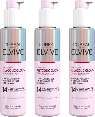 L'Oréal Paris Elvive Glycolic Gloss | Sérum capilar com ácido glicólico para cabelos suaves e brilhantes, 150 ml x 3