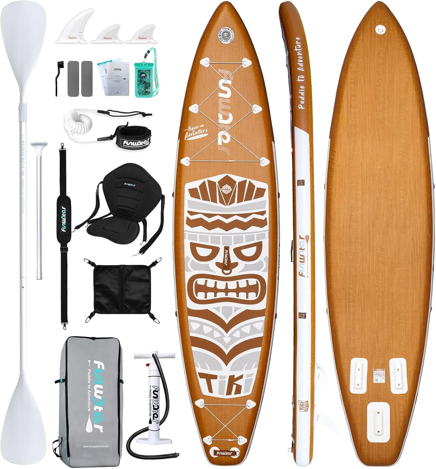Prancha de stand-up paddle insuflável FunWater 350 cm com pagaia, bomba, assento, alça de ombro, mochila, bolsa para telemóvel impermeável, guia de segurança, 3 barbatanas adequadas para todos os níveis