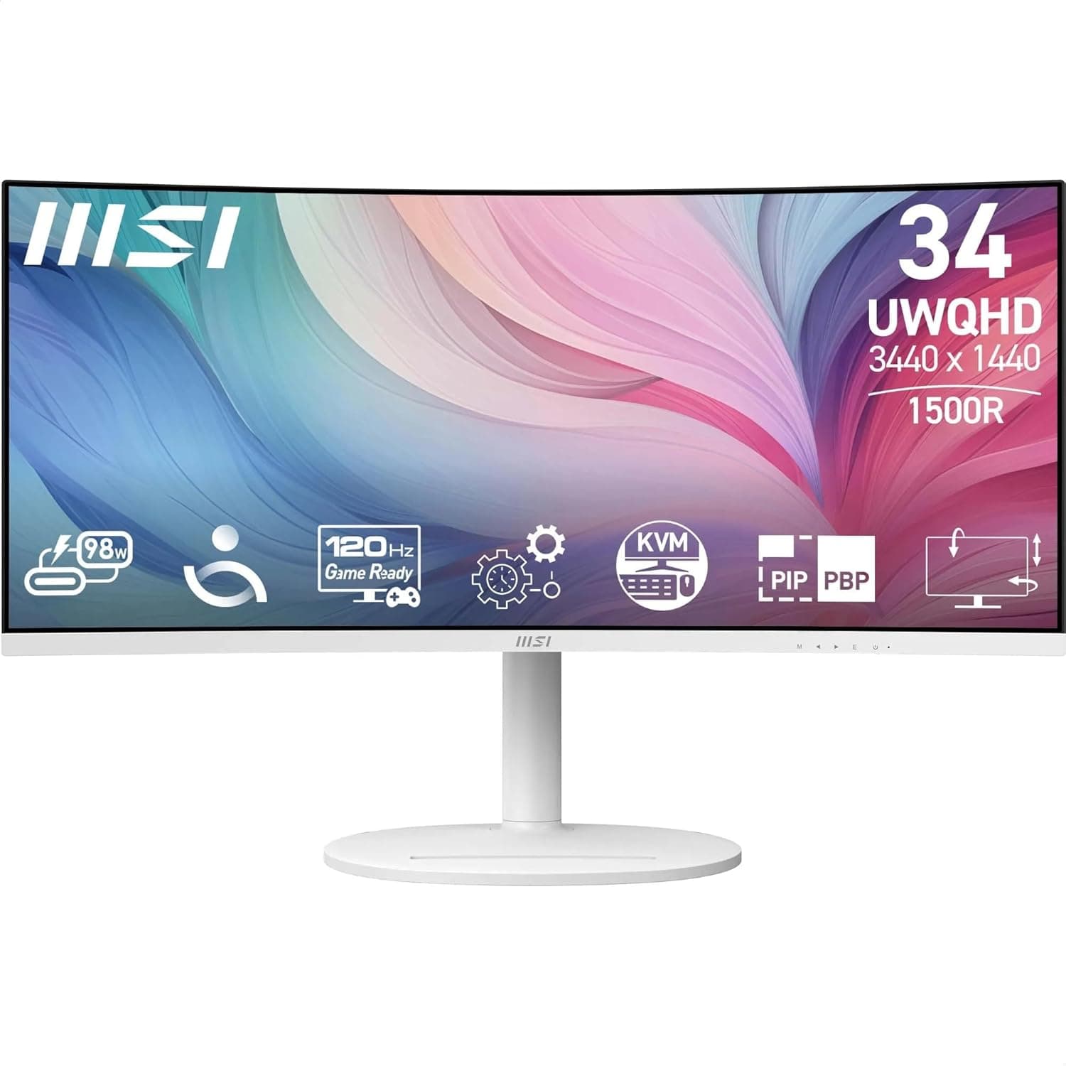 MSI Monitor curvo MD342CQPW UWQHD 1500R, painel VA 3440 x 1440, 21:9, KVM, Pip/PBP, 120 Hz, 300 nits, antirreflexo, altifalantes integrados, ajustáveis Em 3 direções , HDMI 2.0b