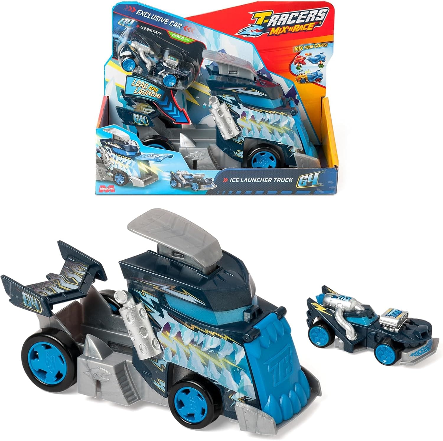 T-RACERS MIX ´N RACE Ice Launcher Truck: camião lançador com detalhes de gelo. Inclui 1 veículo exclusivo T-Racer Mix ´N Race. Pressione o disparador para o lançar. Compatível com T-Racers Mix ´N Race