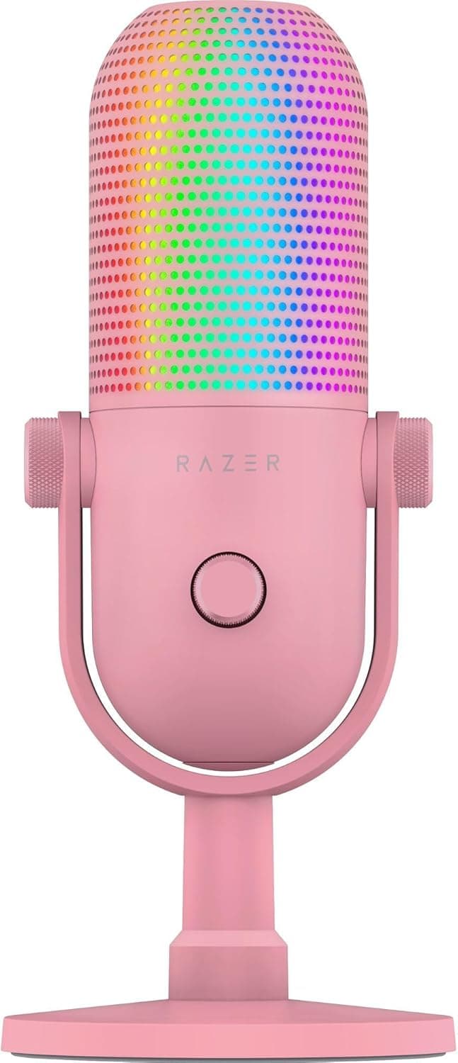 Razer Seiren V3 Chroma - Microfone USB RGB - microfone de condensador supercardióide com tap-to-mute (iluminação reativa, limitador de ganho digital e amortecedor integrado) quartzo